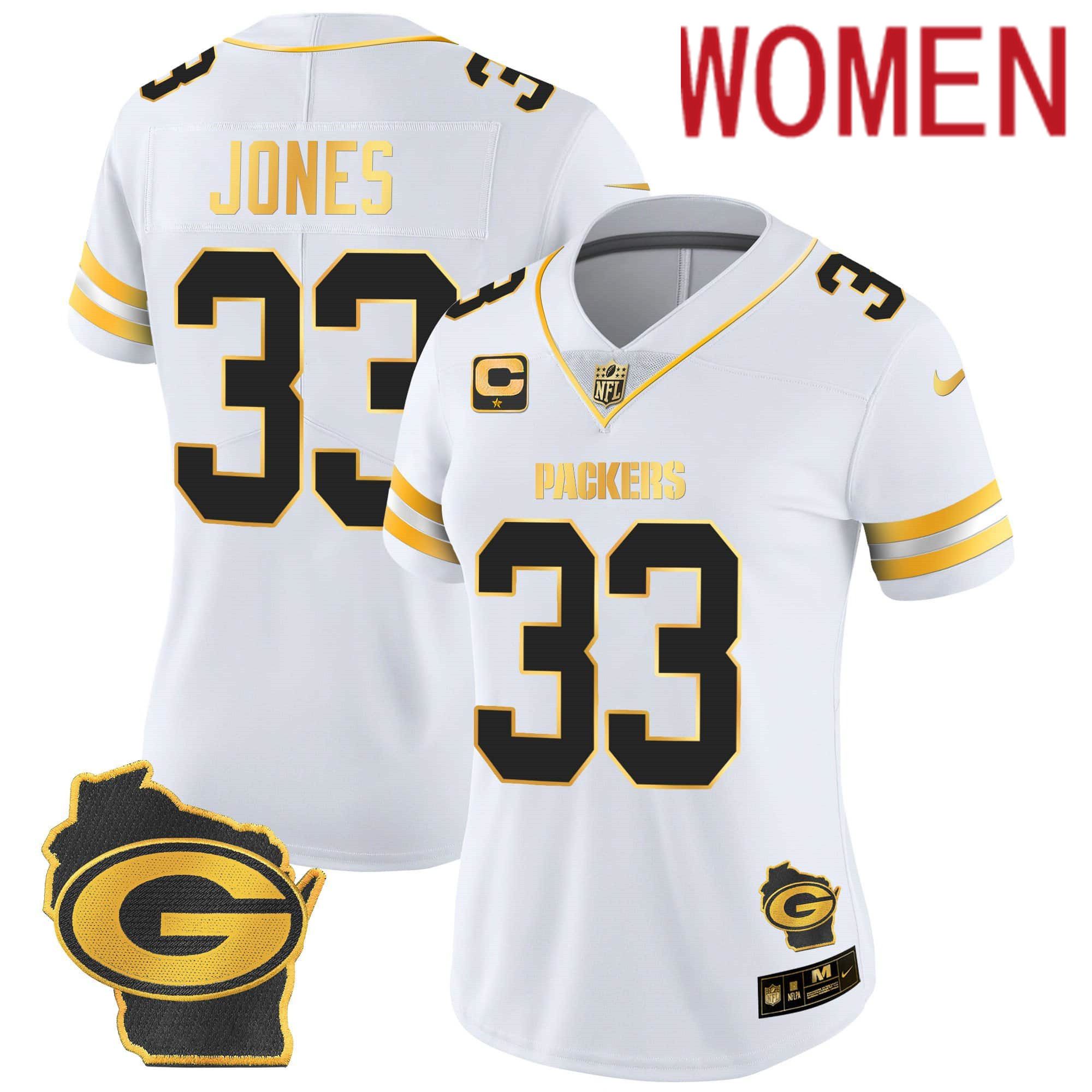 Women Green Bay Packers #33 Jones White Gold 2024 Nike Home Patch Vapor NFL Jersey